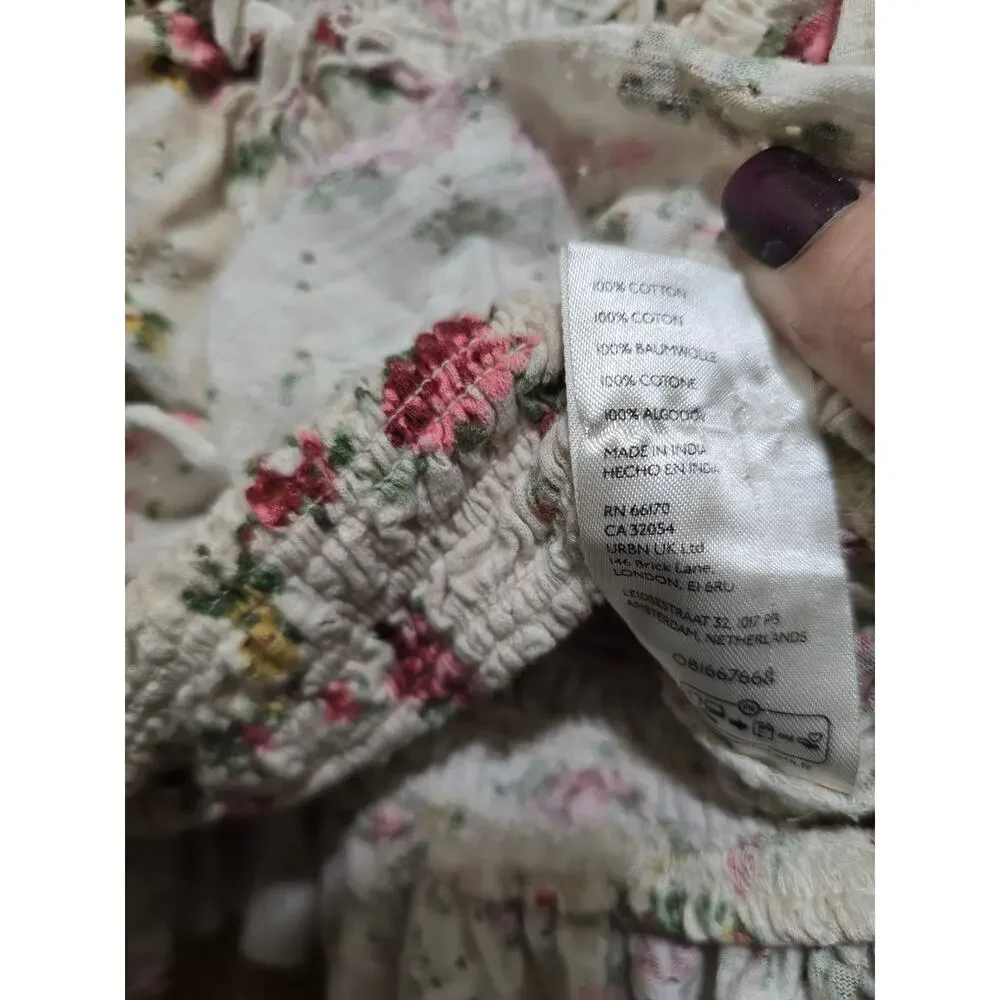 Free People Extra Small Favorite Girl Cream Floral Smocked Boho Ruffle Blouse